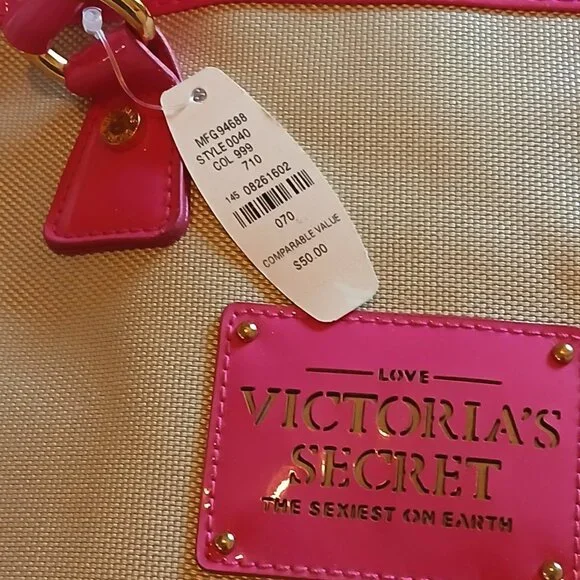NWT Victoria Secret Cream & Barbie Pink Zippered Handbag - Picture 2 of 11